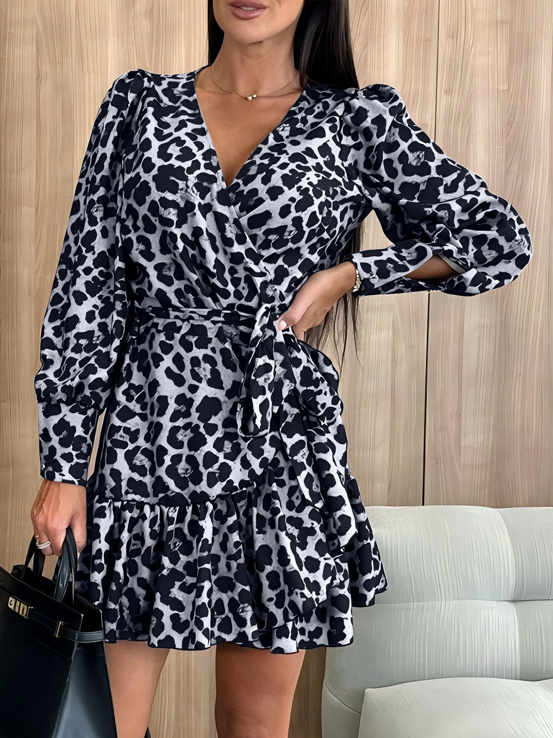 Tied Leopard Surplice Long Sleeve Dress