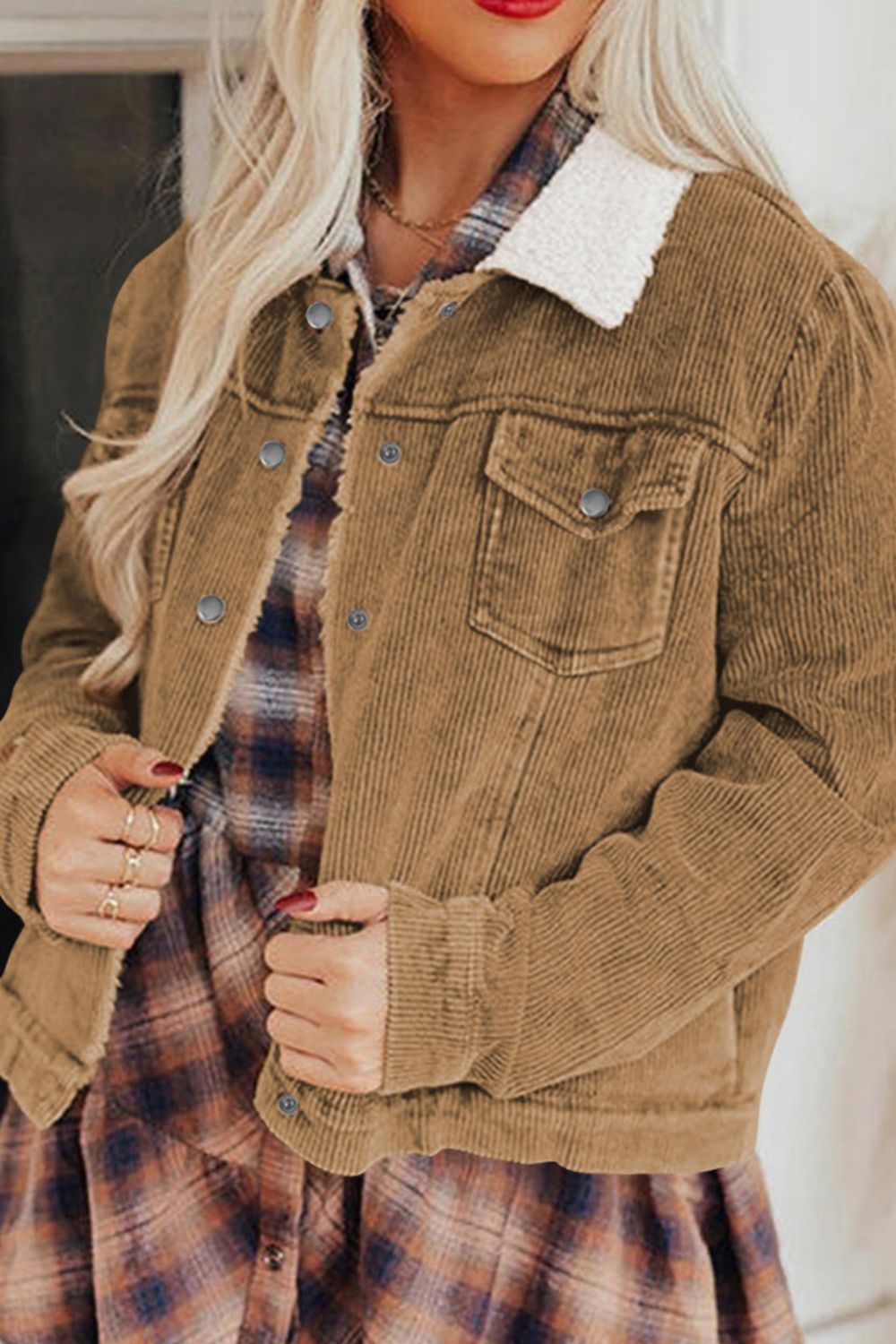 Corduroy Collared Neck Snap Down Jacket