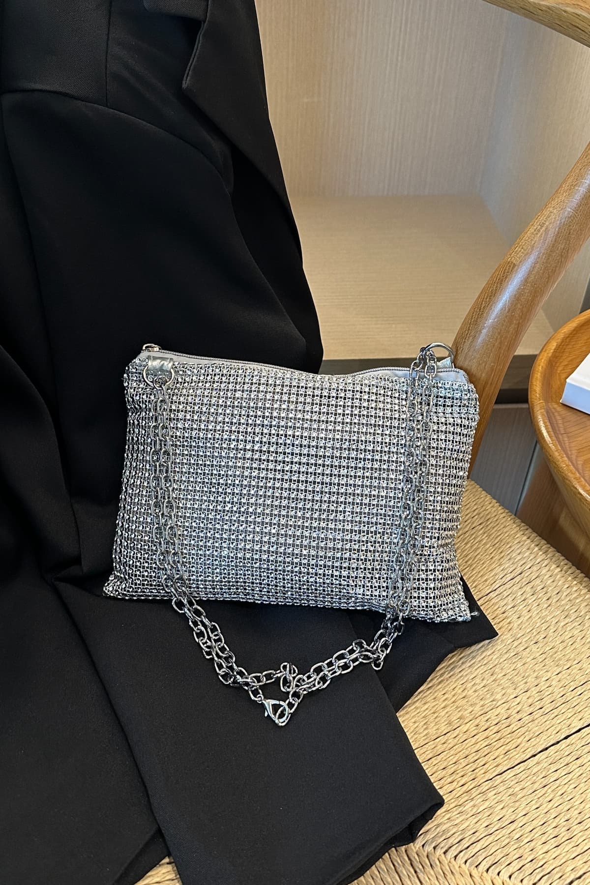 Rhinestone Polyester Chain Crossbody Bag