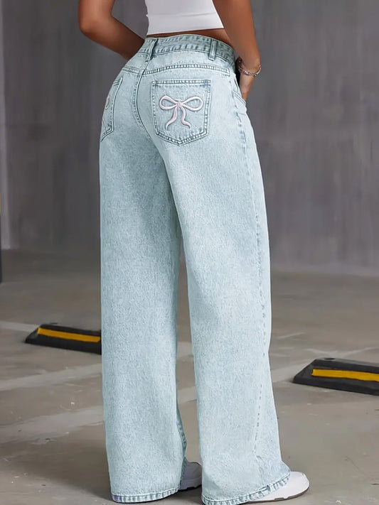 Bow Back Wide Leg Jeans with Pockets