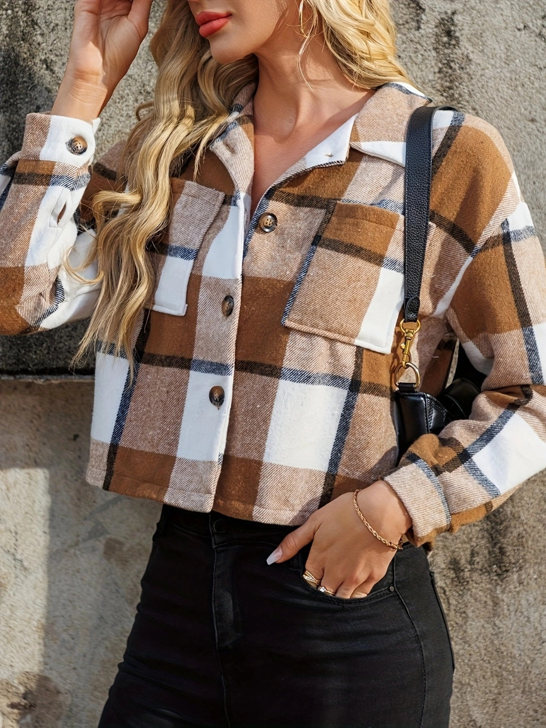 Plaid Collared Neck Cropped Jacket