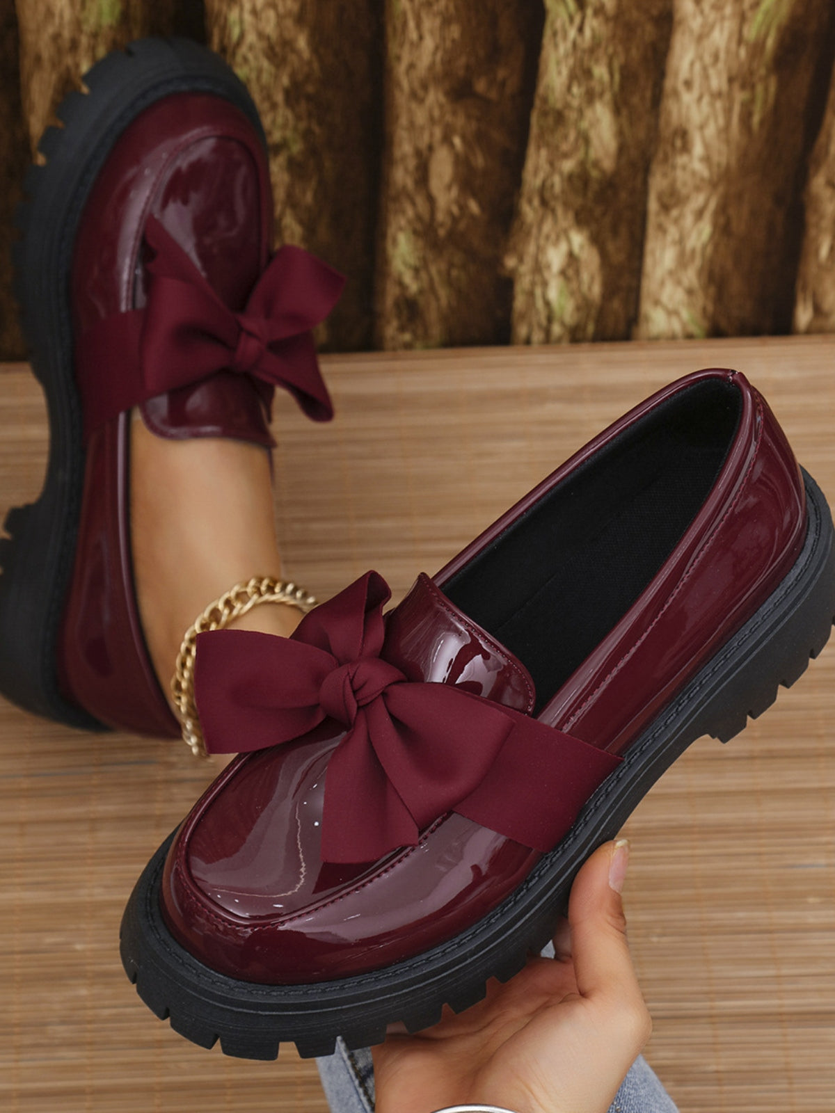 Bow PU Leather Round Toe Loafers