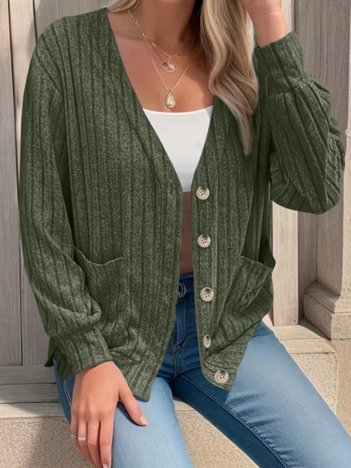 Full Size Button Up V-Neck Long Sleeve Cardigan