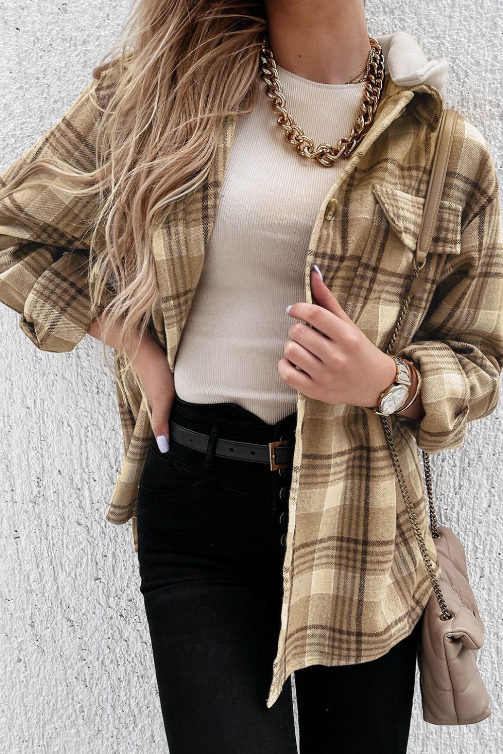 Plaid Button Up Long Sleeve Hooded Jacket