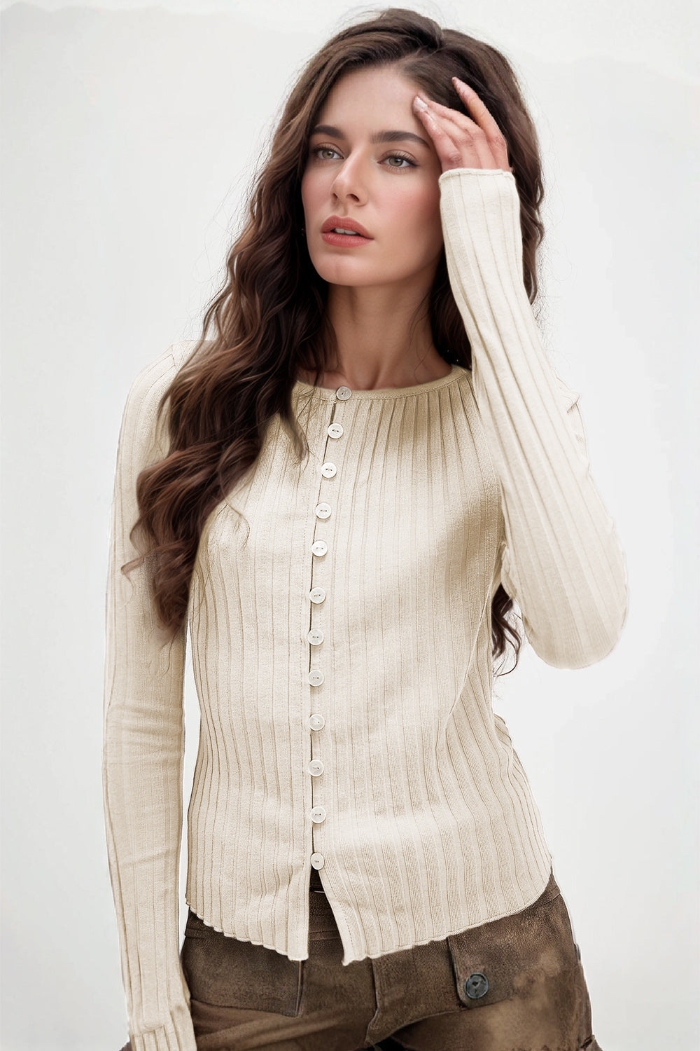 Basic Bae Texture Button Up Round Neck Long Sleeve Top